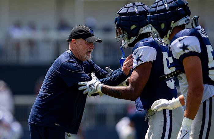 Dallas Cowboys defensive coordinator Dan Quinn during training camp at the Marriott Residence Inn-River Ridge playing fields. Mandatory Credit: Jason Parkhurst-USA TODAY Sports